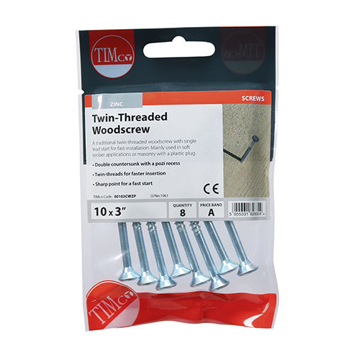 10 x 3  - Twin Woodscrew PZ2 CSK - BZP