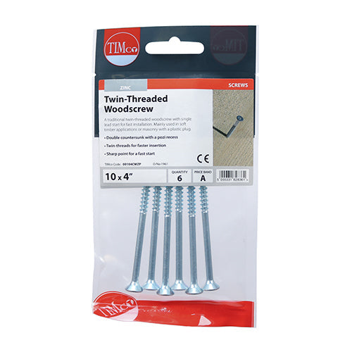 10 x 4  - Twin Woodscrew PZ2 CSK - BZP