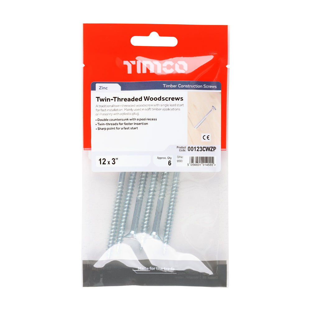 12 x 3  - Twin Woodscrew PZ2 CSK - BZP