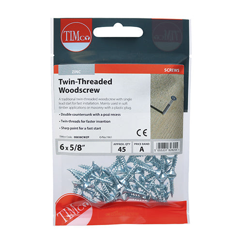 6 x 5/8  - Twin Woodscrew PZ2 CSK - BZP