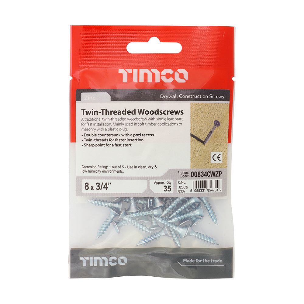 8 x 3/4  - Twin Woodscrew PZ2 CSK - BZP