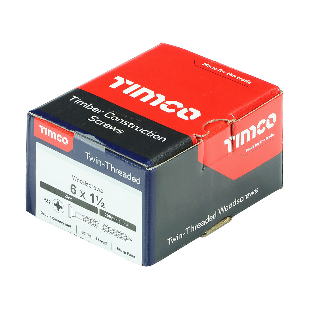6 x 1 1/2  - Twin Woodscrew PZ2 CSK Zinc