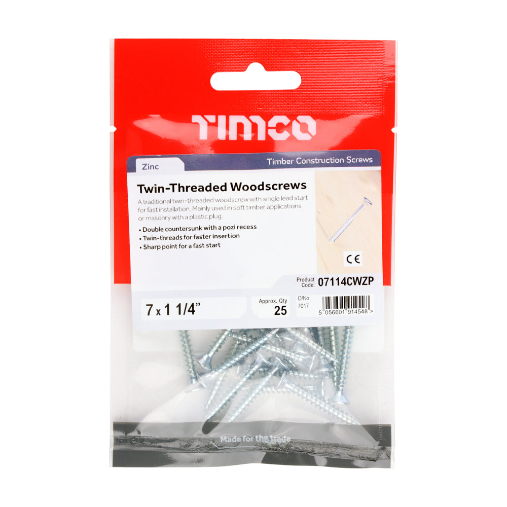 7 x 1 1/4  - Twin Woodscrew PZ2 CSK - BZP