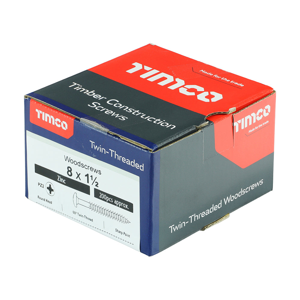 8 x 1 1/2  - Twin Woodscrew PZ2 RND Zinc