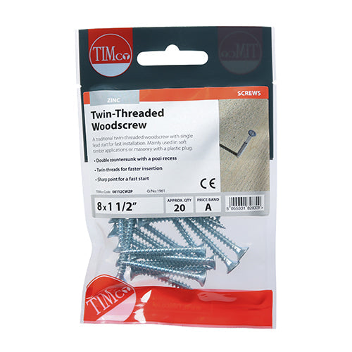 8 x 1 1/2  - Twin Woodscrew PZ2 CSK - BZP