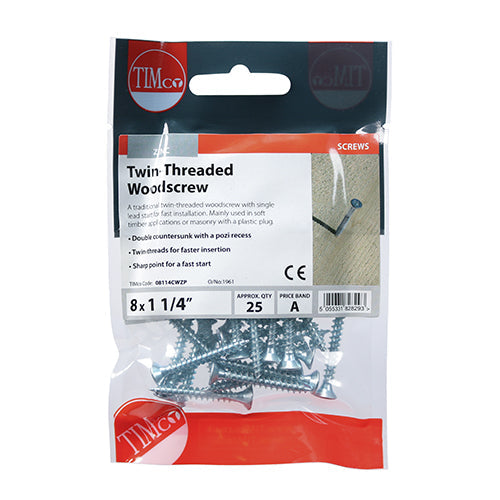 8 x 1 1/4  - Twin Woodscrew PZ2 CSK - BZP