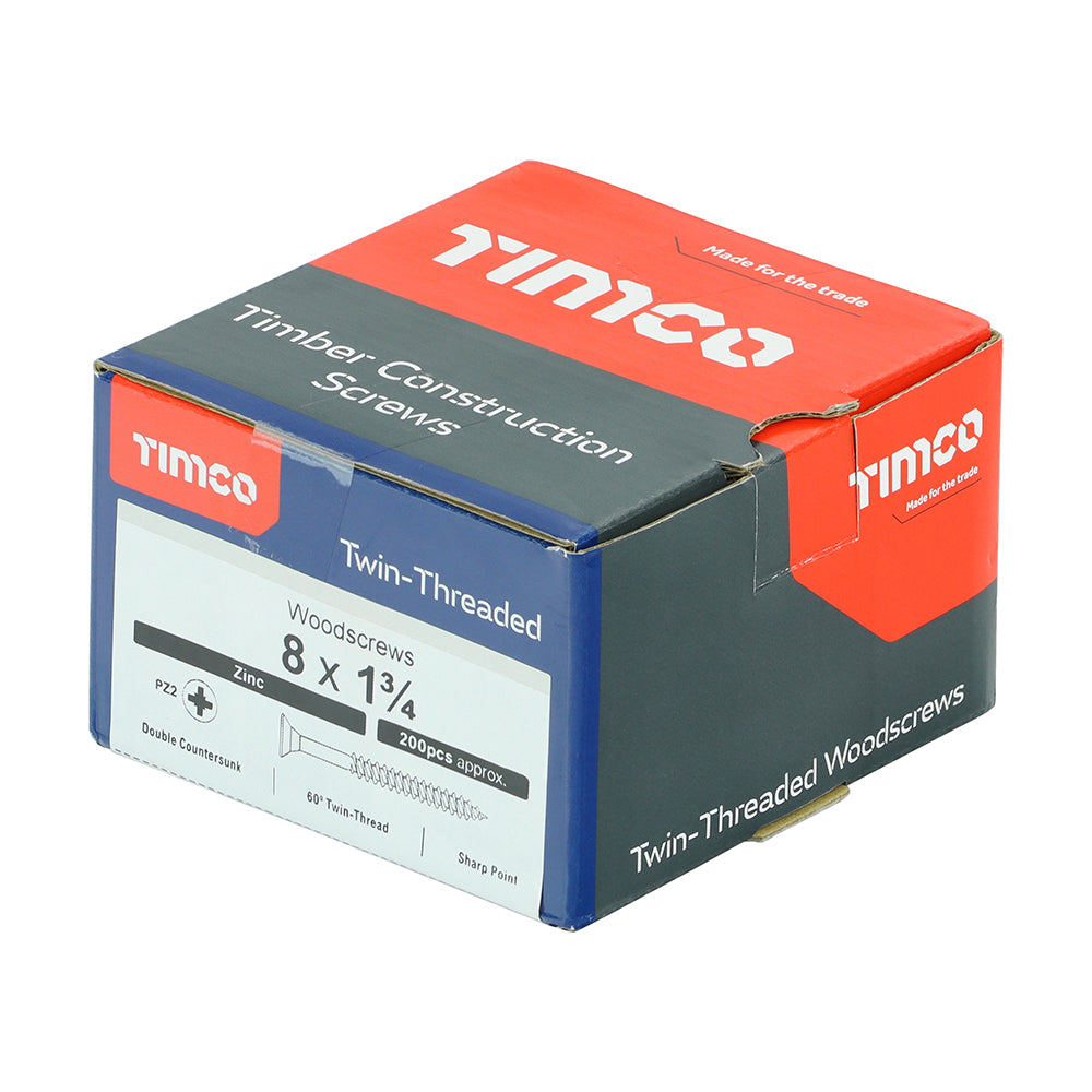 8 x 1 3/4  - Twin Woodscrew PZ2 CSK Zinc