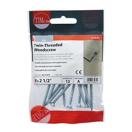 8 x 2 1/2  - Twin Woodscrew PZ2 CSK - BZP
