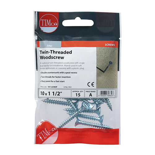 10 x 1 1/2  - Twin Woodscrew PZ2 CSK - BZP