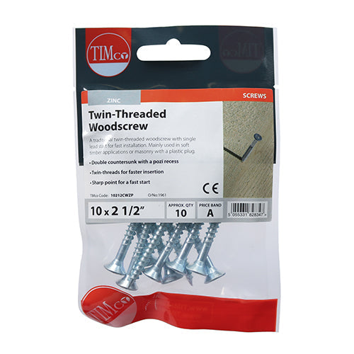 10 x 2 1/2  - Twin Woodscrew PZ2 CSK - BZP