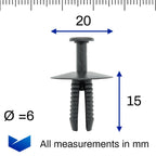 Push Fit Plastic Rivet, 6mm Hole, 20mm Collar, Black - image 2