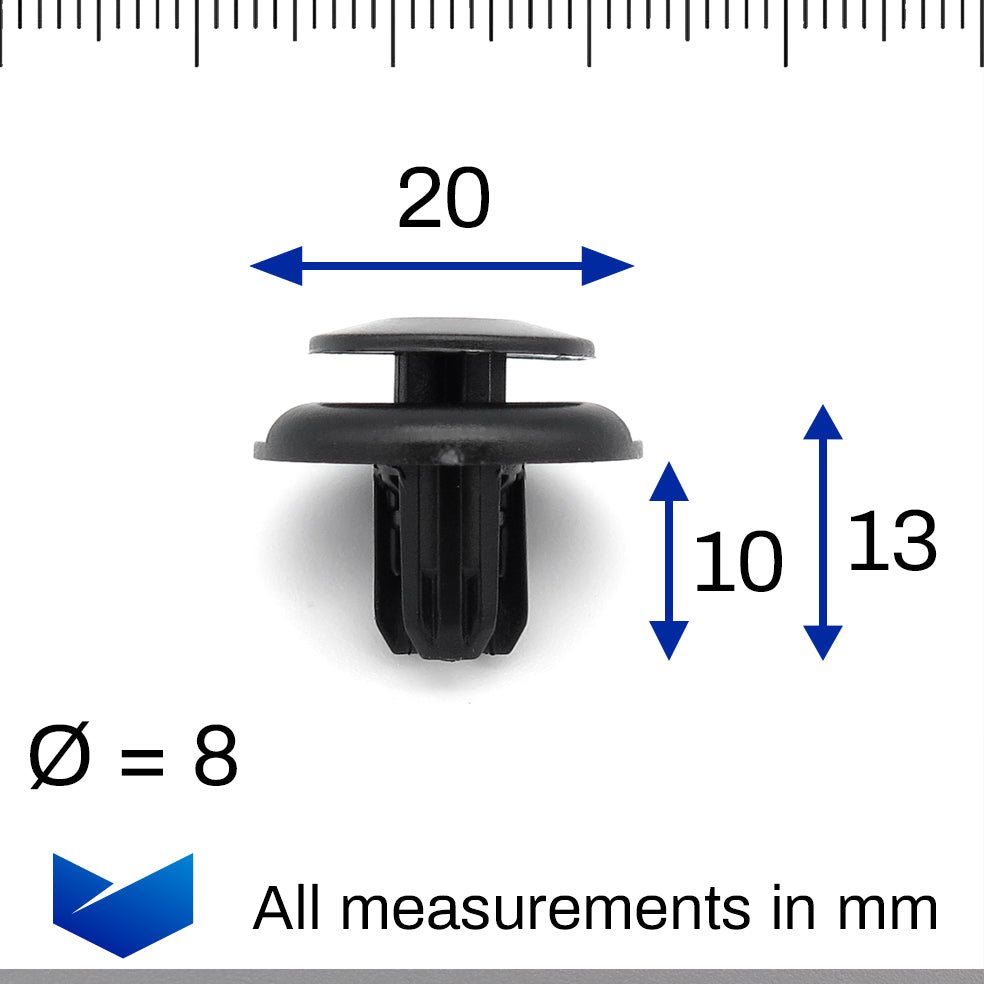 Push Fit Plastic Rivet, 8mm Hole, 20mm Collar, Black, Type B - image 2
