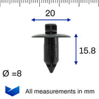 Push Fit Plastic Rivet, 8mm Hole, 21mm Collar, Black - image 2