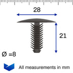 Fir Tree Trim Clip, 7-8mm Hole, 28mm Head, Black - image 2