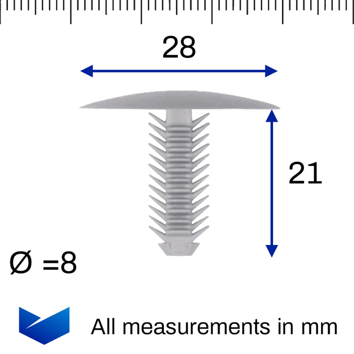Fir Tree Trim Clip, 7-8mm Hole, 28mm Head, Grey - image 2