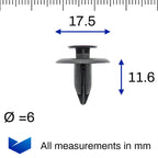 Push Fit Plastic Rivet, 6mm Hole, 18mm Collar, Black - image 2