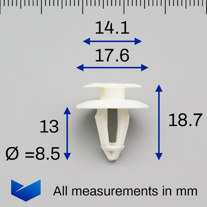 Interior Trim Clip, 8mm Hole, White with Crescent Head - image 2