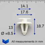 Interior Trim Clip, 8mm Hole, White with Crescent Head - image 2