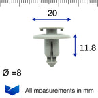 Push Fit Plastic Rivet, 8mm Hole, 20mm Collar, Grey, Easy Release - image 2