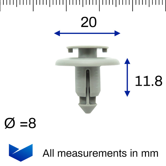 Push Fit Plastic Rivet, 8mm Hole, 20mm Collar, Grey, Easy Release - image 2