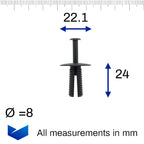 Push Fit Plastic Rivet, 8mm Hole, 22mm Collar, Black - image 2