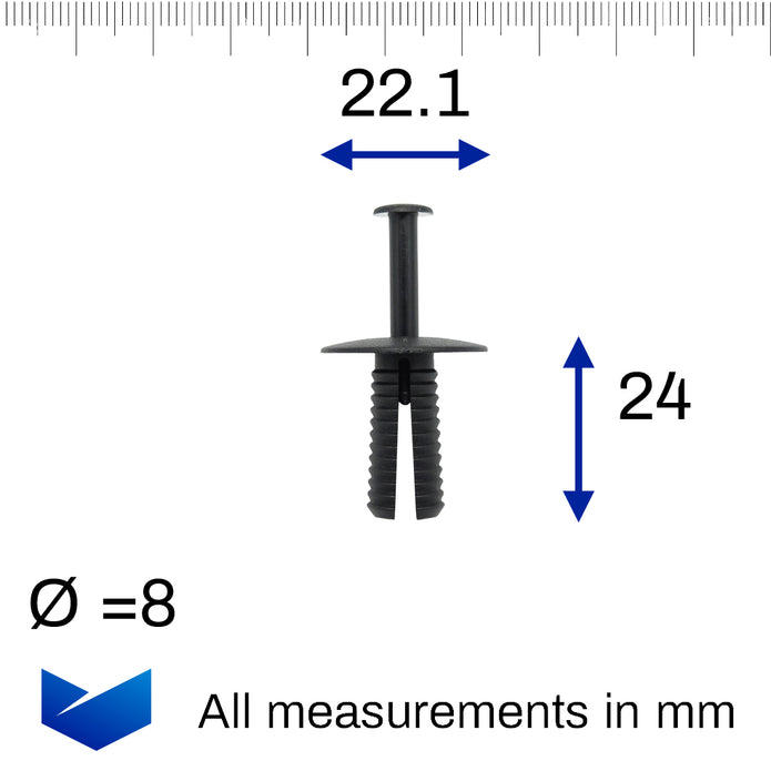 Push Fit Plastic Rivet, 8mm Hole, 22mm Collar, Black - image 2