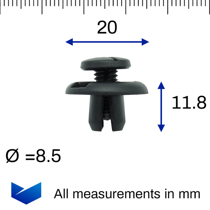 Screw Fit Plastic Rivet, 8mm Hole, 20mm Collar, Black, Type A - image 2