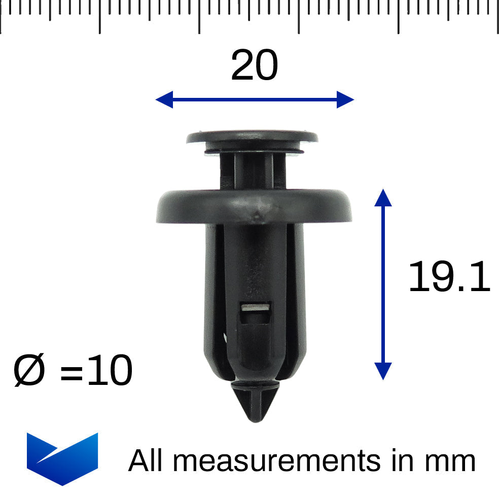 Push Fit Plastic Rivet, 10mm Hole, 20mm Collar, Metal Insert- Long, Black - image 2