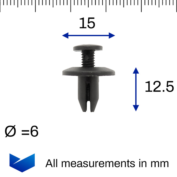 Screw Fit Plastic Rivet, 6mm Hole, 15mm Collar, Black - image 2