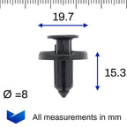 Push Fit Plastic Trim Clip, 8mm Hole, Black - image 2