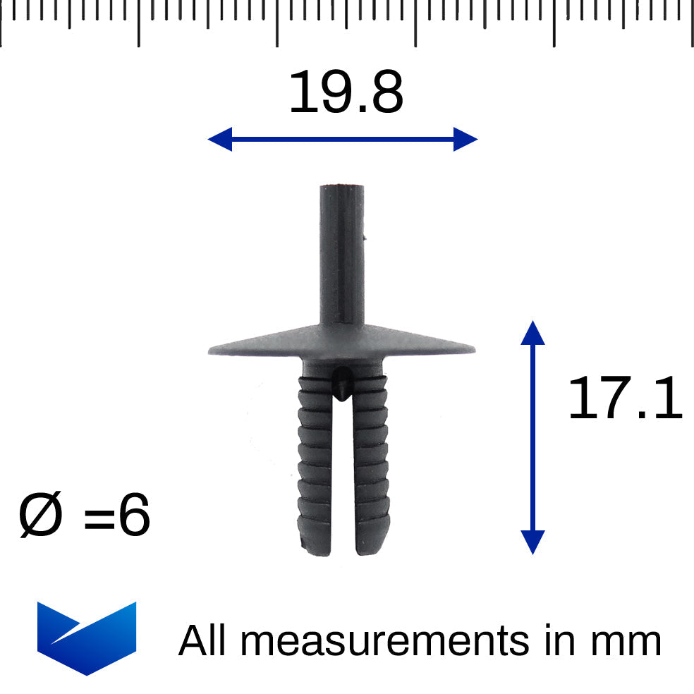 Push Fit Plastic Rivet, 6.5mm Hole, 20mm Collar, Black - image 2