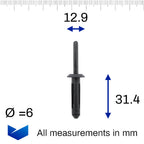 6mm Plastic Pop Rivet, 13mm Collar, Black - image 2