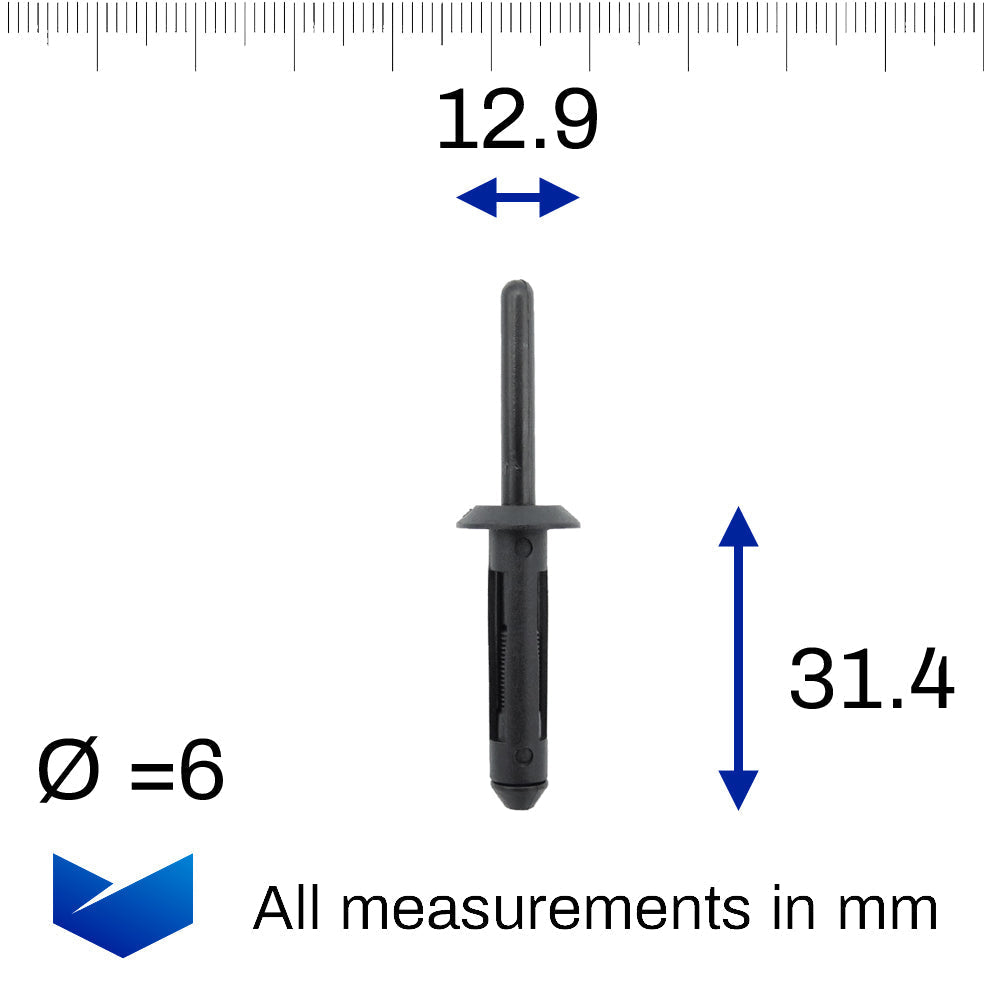 6mm Plastic Pop Rivet, 13mm Collar, Black - image 2