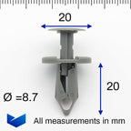 Push Fit Rivet, 8mm Hole, 20mm Collar, Mid Grey - image 2
