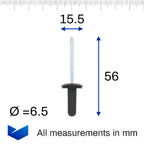 6.5mm Aluminium Rivet, Plastic Head, Black, 15.8mm - image 2