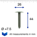 Fir Tree Trim Clip, 8mm Hole, 25mm Head, 46mm Shaft Length, Grey - image 2