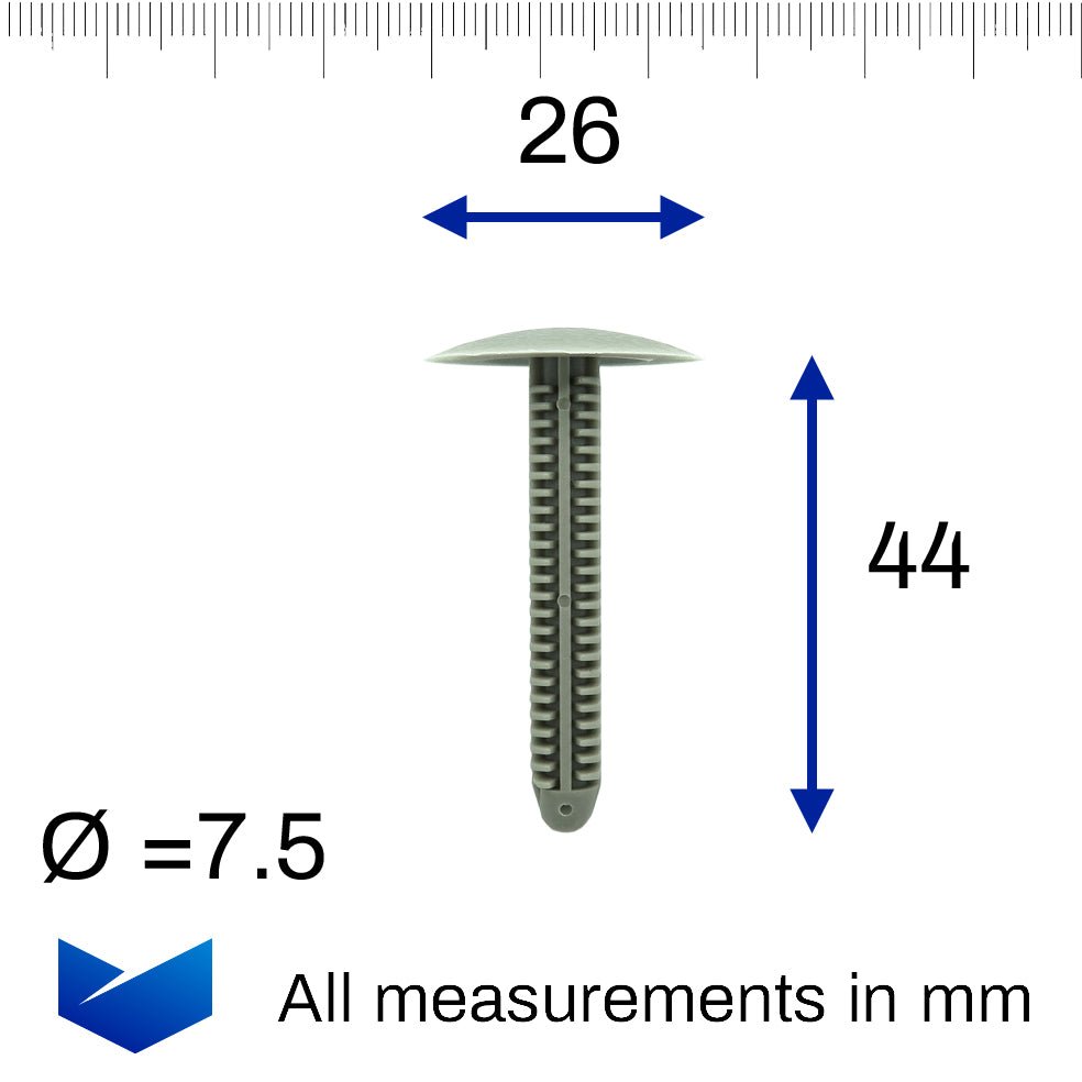 Fir Tree Trim Clip, 8mm Hole, 25mm Head, 46mm Shaft Length, Grey - image 2