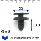 Push Fit Plastic Rivet, 8mm Hole, 20mm Collar, Black, Type D - image 2