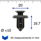Push Fit Plastic Rivet, 10mm Hole, 20mm Collar, Metal Insert- Short, Black - image 2