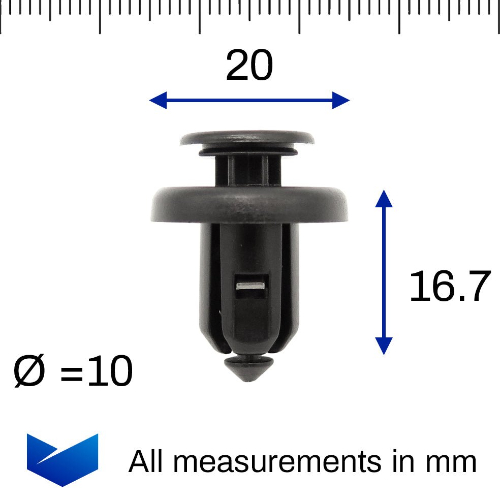 Push Fit Plastic Rivet, 10mm Hole, 20mm Collar, Metal Insert- Short, Black - image 2