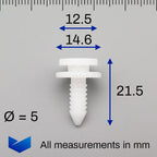 Interior Trim Clip, 5mm Hole, White - image 2